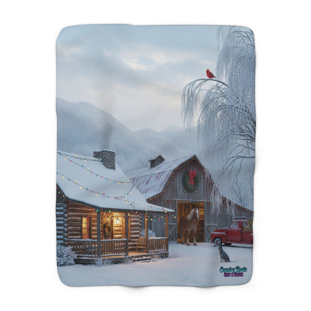 Sherpa Blanket - Cozy Winter Cabin Scene Holiday Throw