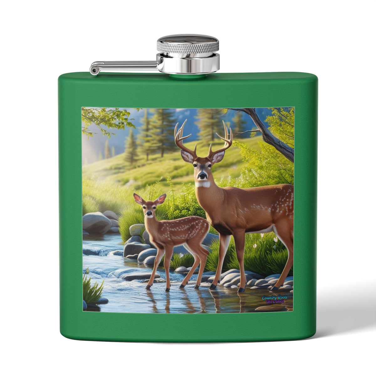 6oz Stainless Steel Flask — Deer & Fawn Streamside Woodland Design