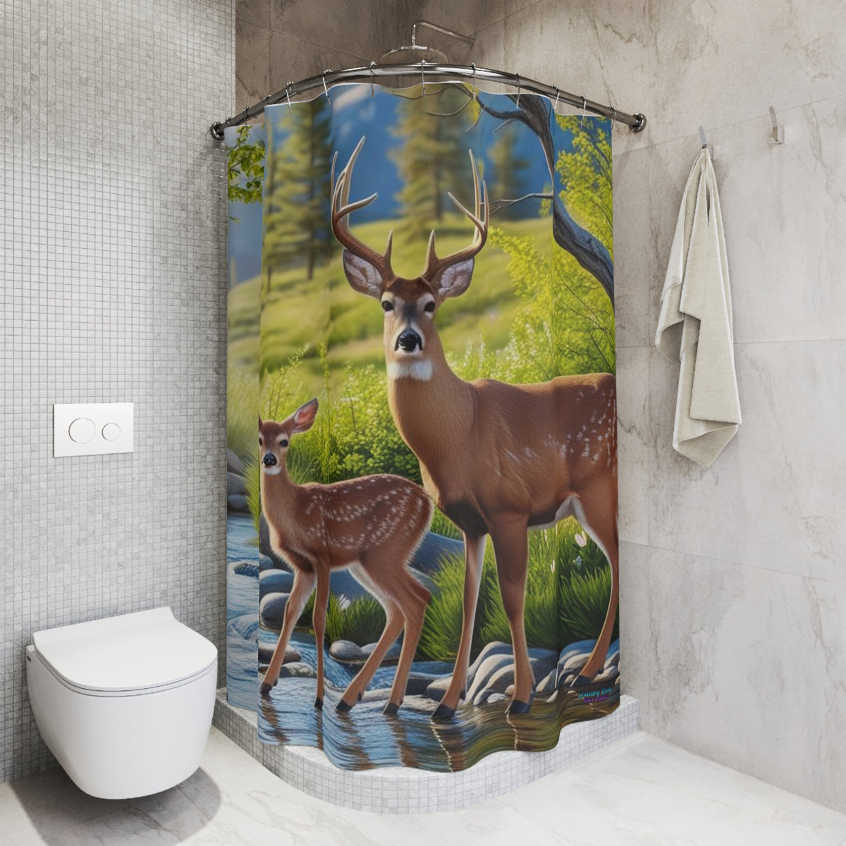 Deer Forest Shower Curtain – Majestic Buck and Fawn Nature Bathroom Décor