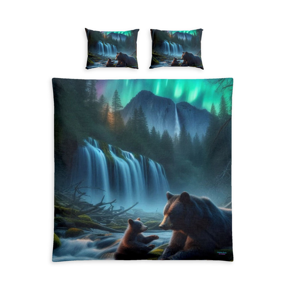 Aurora Bear Waterfall Cotton Duvet Cover Set — Northern Lights Animal Bedding