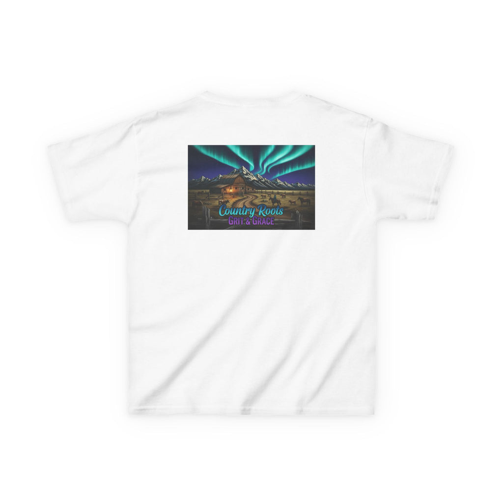 Kids Tee — Northern Lights Cabin Graphic "Country Roads, Take Me Home"
