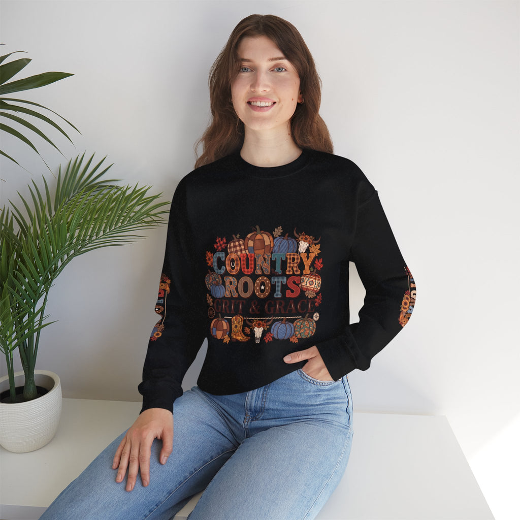 Country Roots Crewneck Sweatshirt — "Grit & Grace" Rustic Pumpkin Fall Design