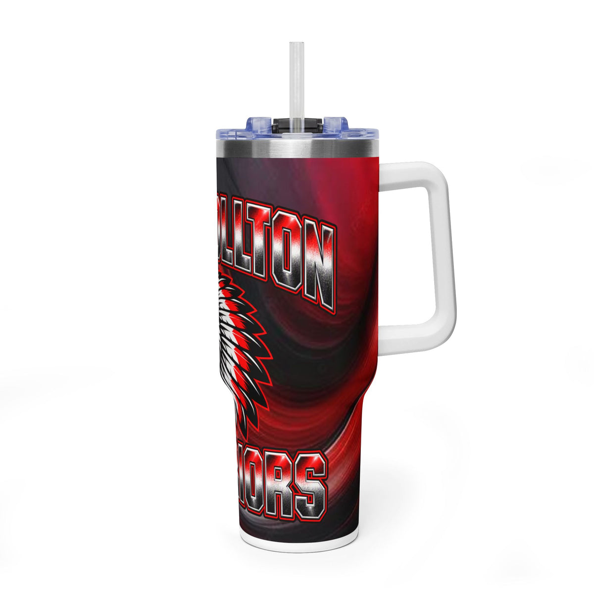 Warrior Mascot 40oz Vacuum Tumbler – Carrrollton Team Insulated Drinkware Different Colored Handles