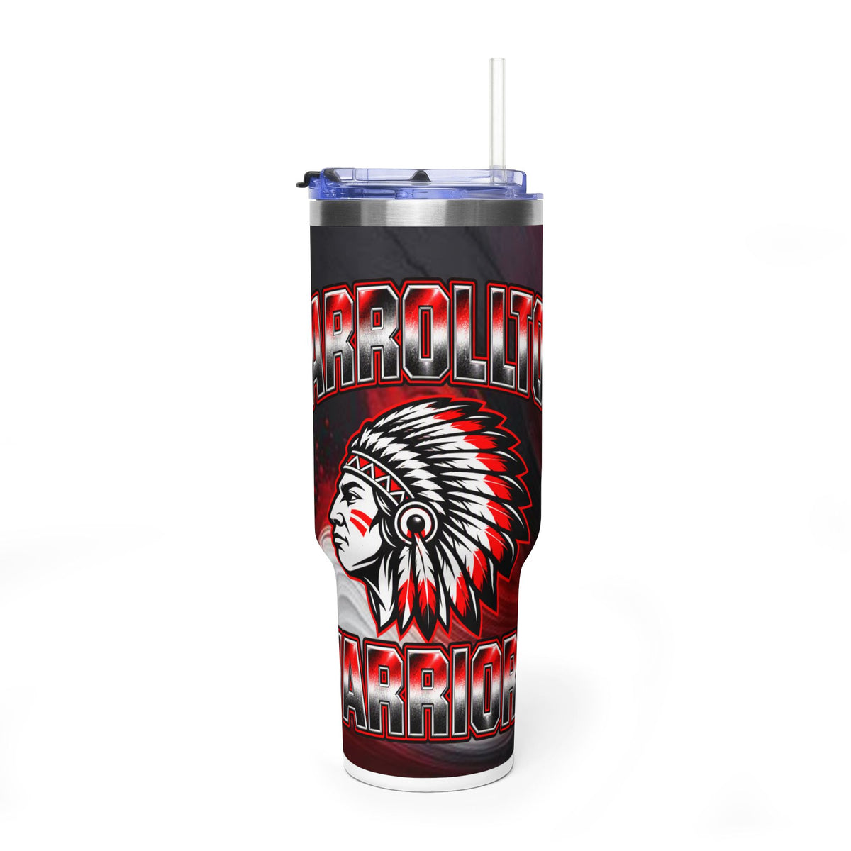 Warrior Mascot 40oz Vacuum Tumbler – Carrrollton Team Insulated Drinkware Different Colored Handles