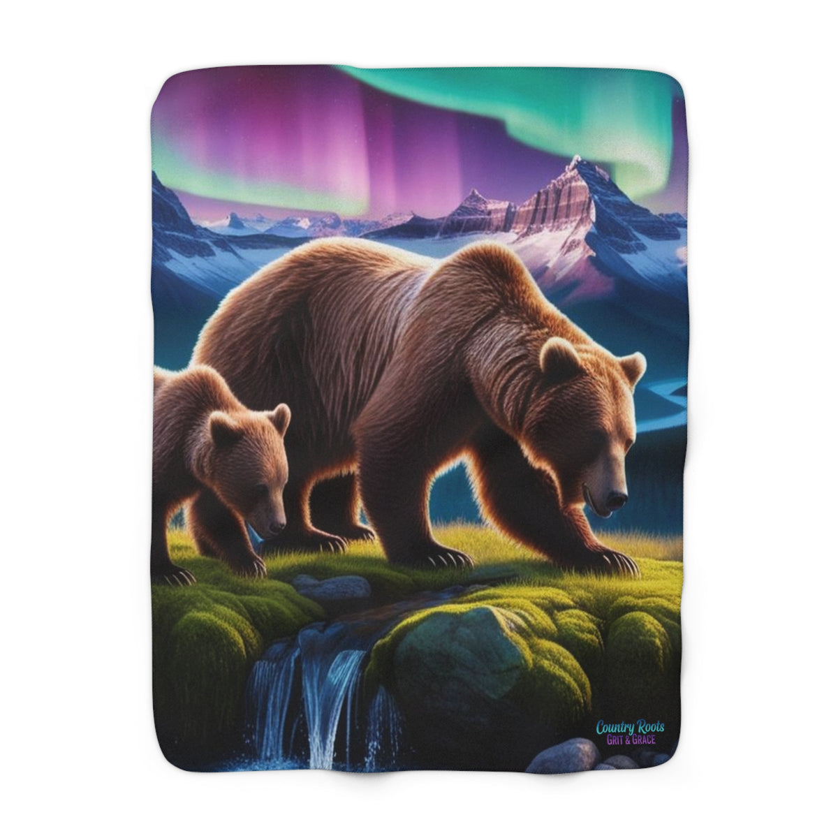Aurora Bears Sherpa Blanket — Cozy Fleece Throw with Grizzly Mom & Cub