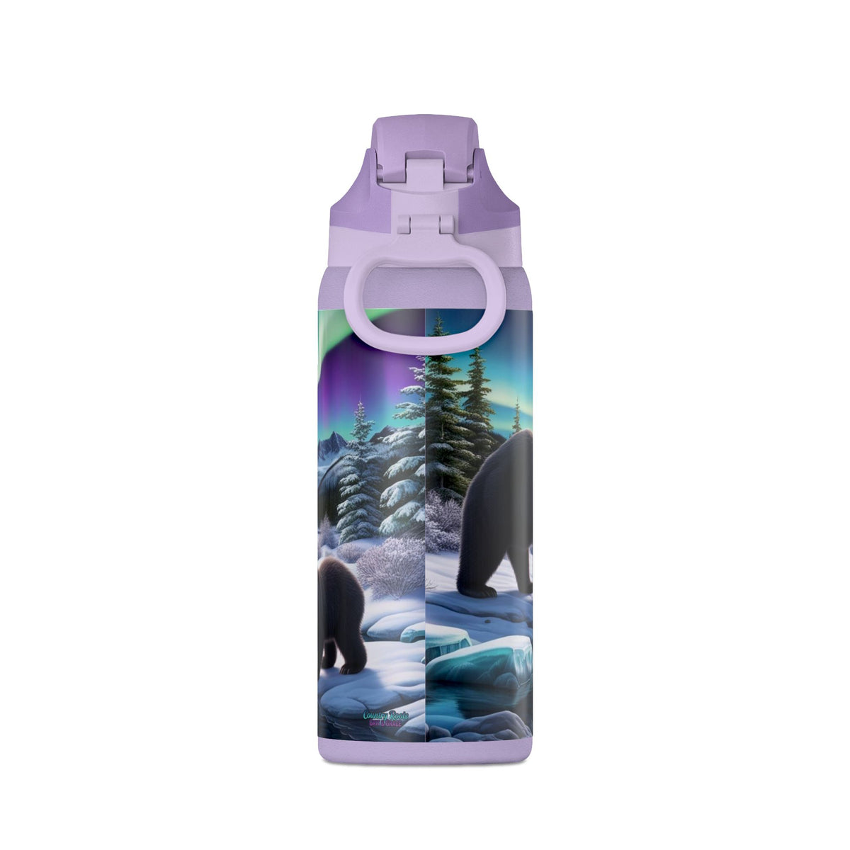 32oz Insulated Water Bottle — Northern Lights Bear Scene