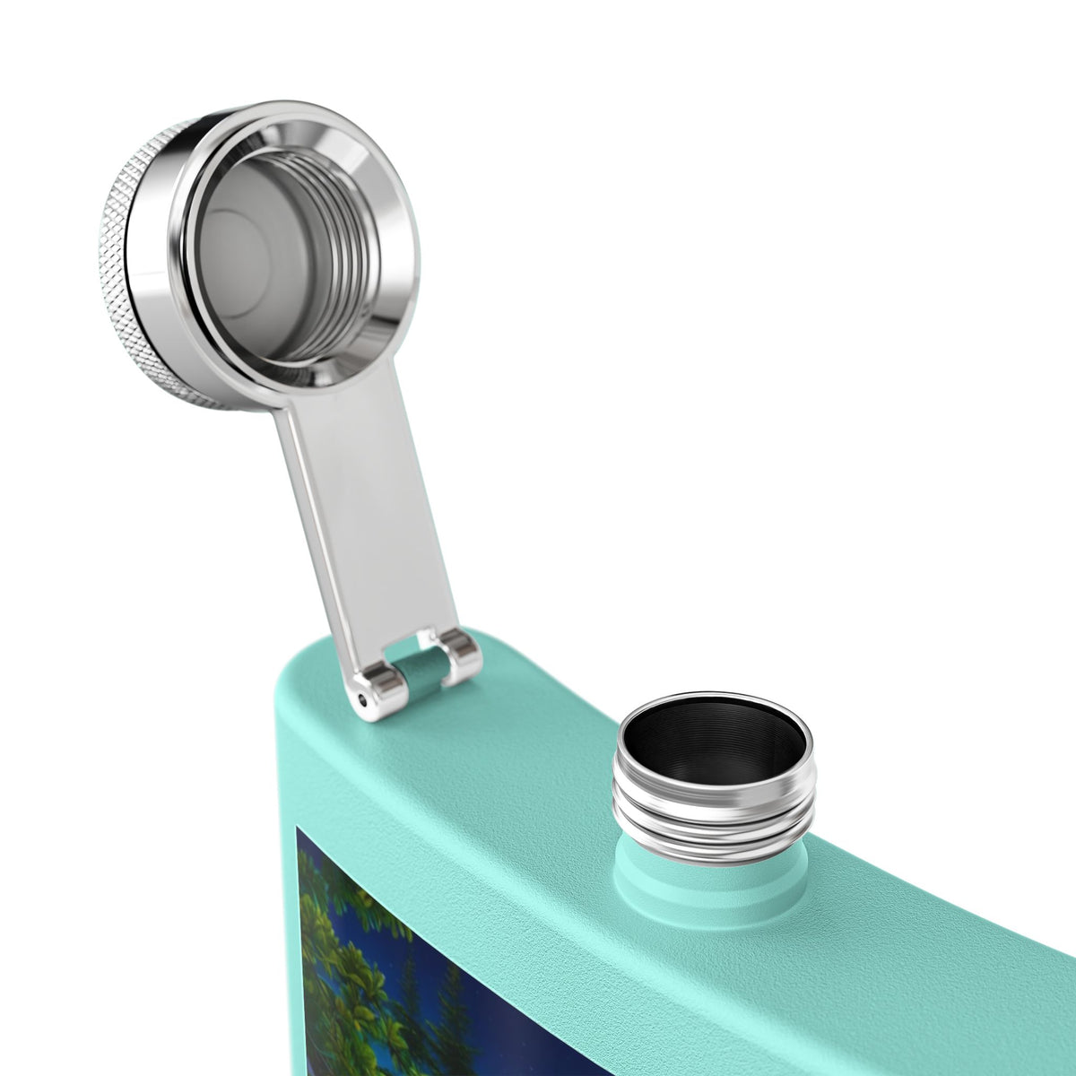 Raccoon Family 6oz Stainless Steel Flask — Woodland Night Aurora Design