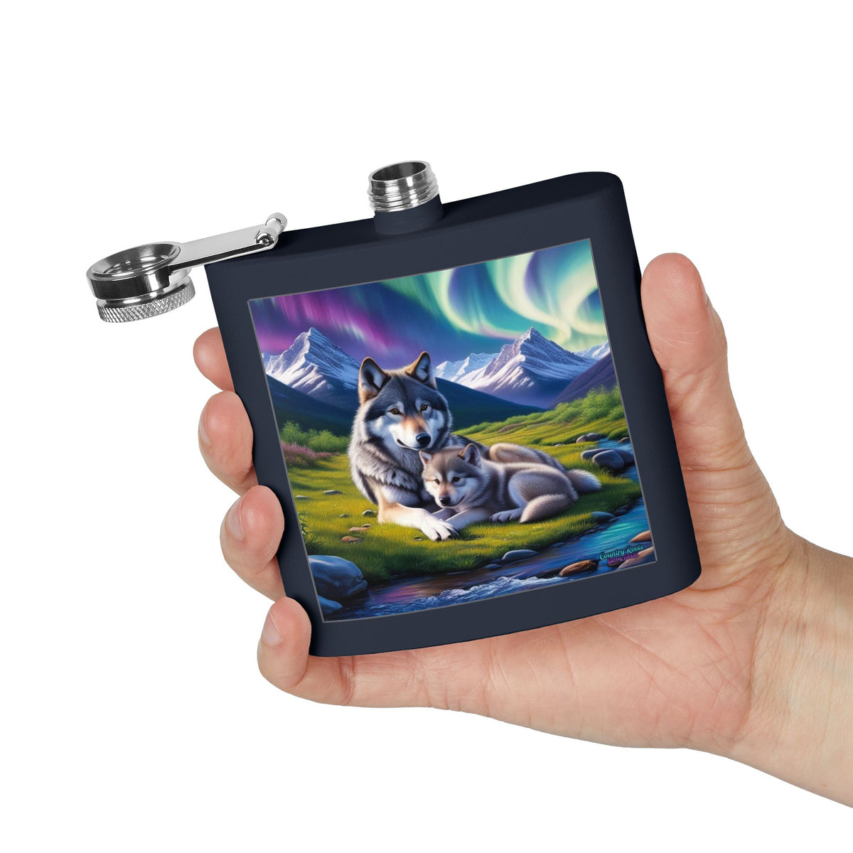 Wolf Family 6oz Stainless Steel Flask — Aurora Night Pocket Flask