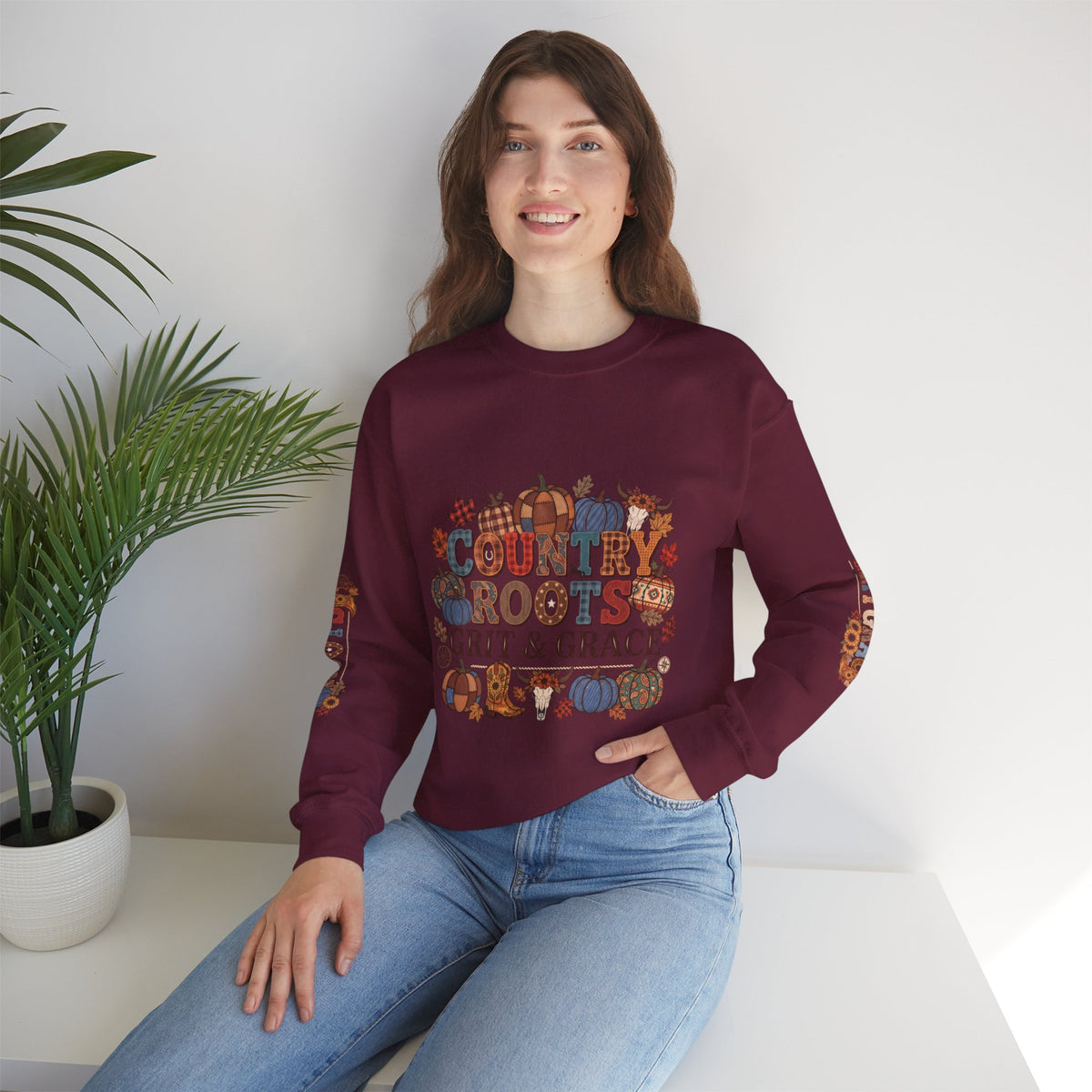 Country Roots Crewneck Sweatshirt — "Grit & Grace" Rustic Pumpkin Fall Design