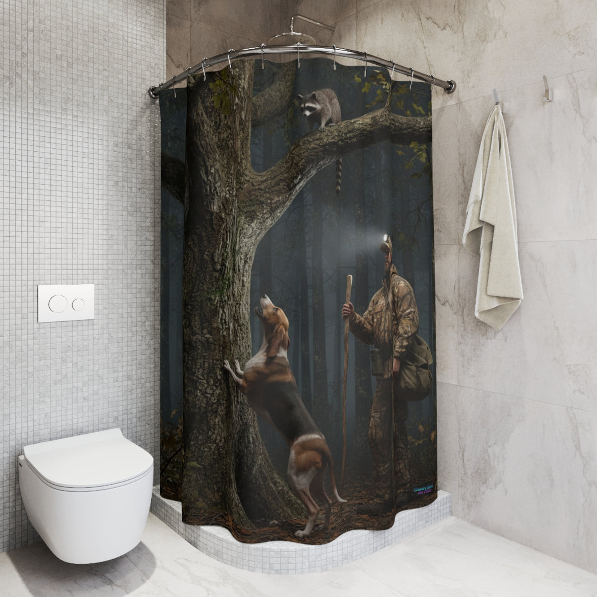 Hunter in the Woods Shower Curtain — Rustic Hunting Cabin Bathroom Décor