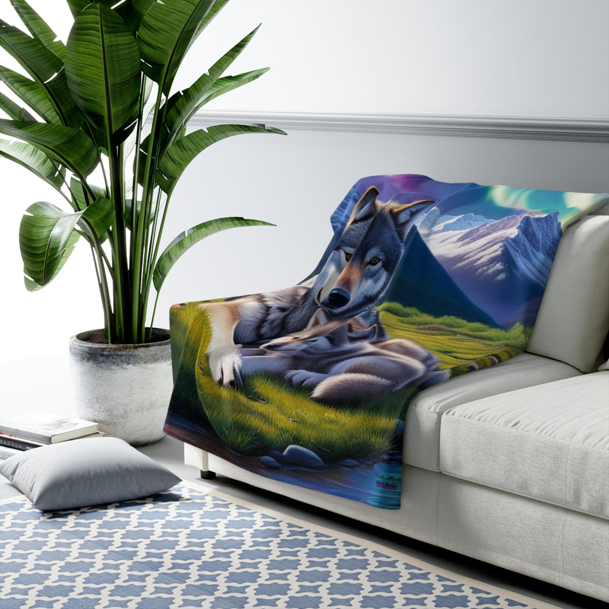 Aurora Wolf Sherpa Blanket — Cozy Northern Lights Fleece for Nature & Animal Lovers